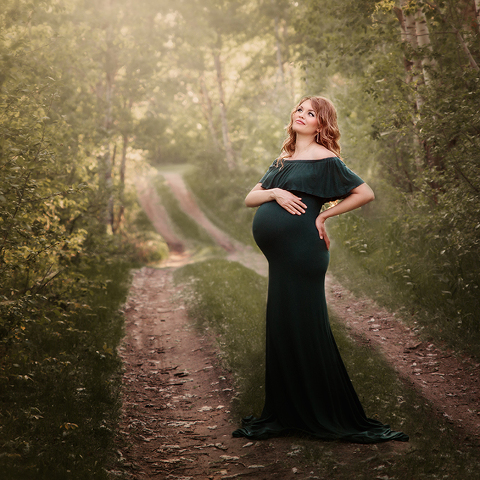 outdoor maternity photos, red deer maternity photographer, red deer newborn photographer, green gown